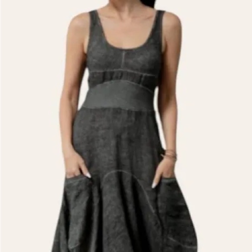 Linen Asymmetrical Navy Artsy Sleeveless Tank Dress - Picture 14 of 16